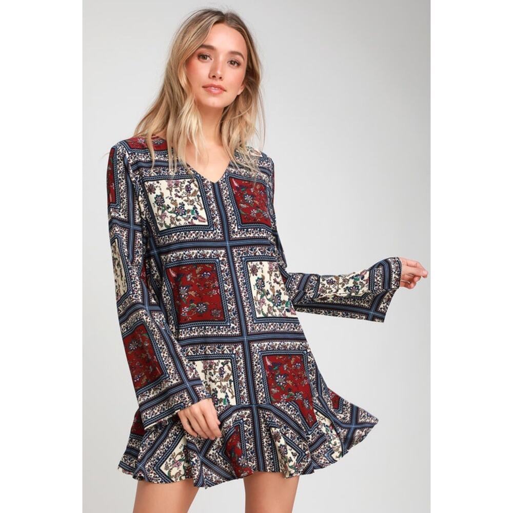 Lulus Crack a Smile Shift Dress‎ Women XS Floral Patchwork Long Sleeves Preppy